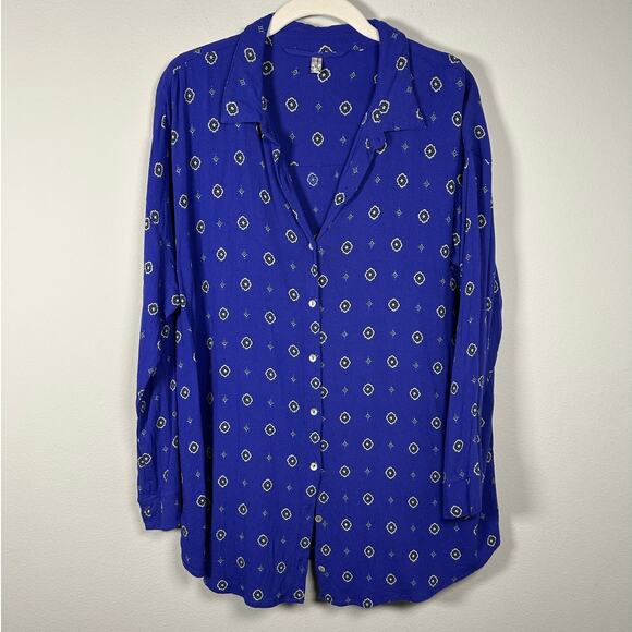 Free People Purple Button Down Medallion Print Blouse Size Medium - Picture 2 of 13